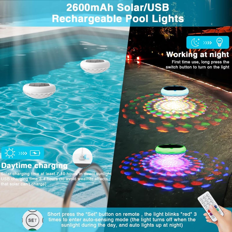BOXPSII Solar Floating Pool Lights, USB Rechargeable Pool Lights with Remote, 6.7" 2600mAh IP68 Waterproof Floating Light 6 Dynamic Modes Upper and Lower Glow Hangable Light for Pond Patio Party 2 PCS - Image 3